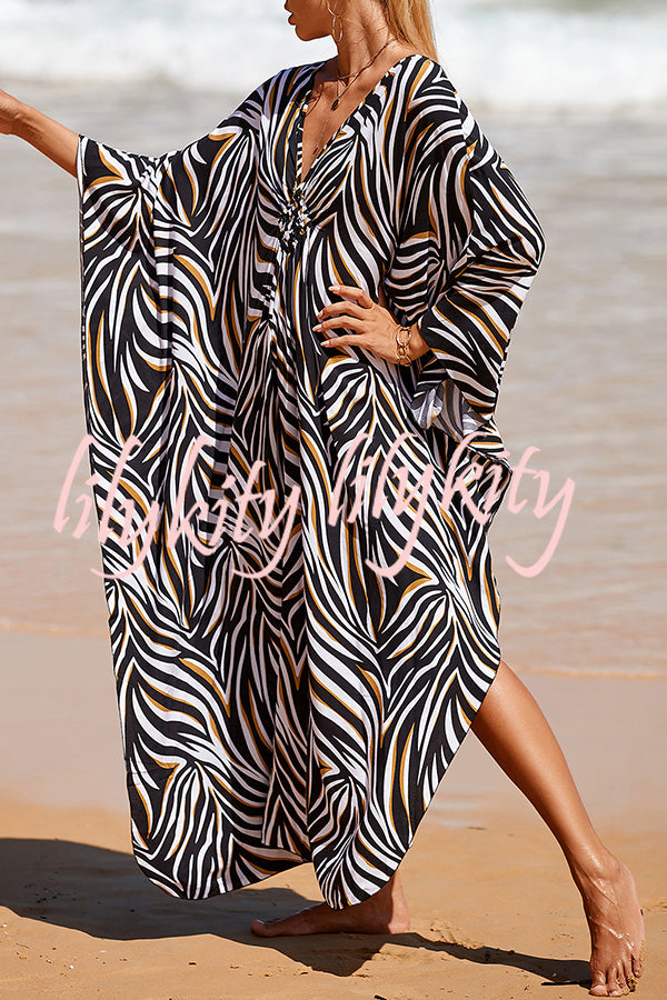 Simple Unique Printed Pleated Front Slit Cover Up