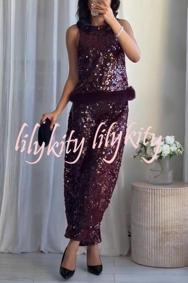 Gala Goddess Sequin Faux Fur Trim Crew Neck Sleeveless Loose Top
