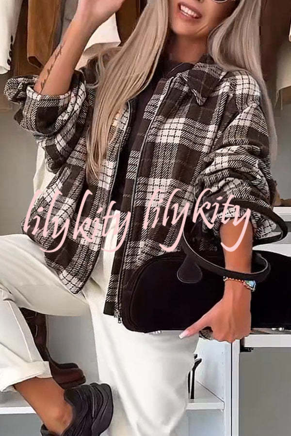 Fashion Plaid Print Lapel Long Sleeve Loose Zipper Jacket