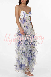 Sunrise Goddess Chiffon Roses Print Ruffles Tiered Trim Maxi Dress