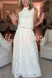 Nice Try Embroidered Crochet Lace Tassle Trim Elastic Waist Midi Skirt