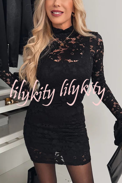 Light and Elegant Floral Lace High Neck Bell Sleeves Stretch Mini Dress