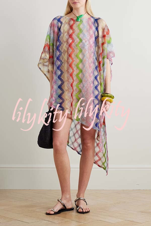 Sun Washed Knit Colorful Zigzag Pattern Asymmetric Hem Loose Cover-ups Kaftan