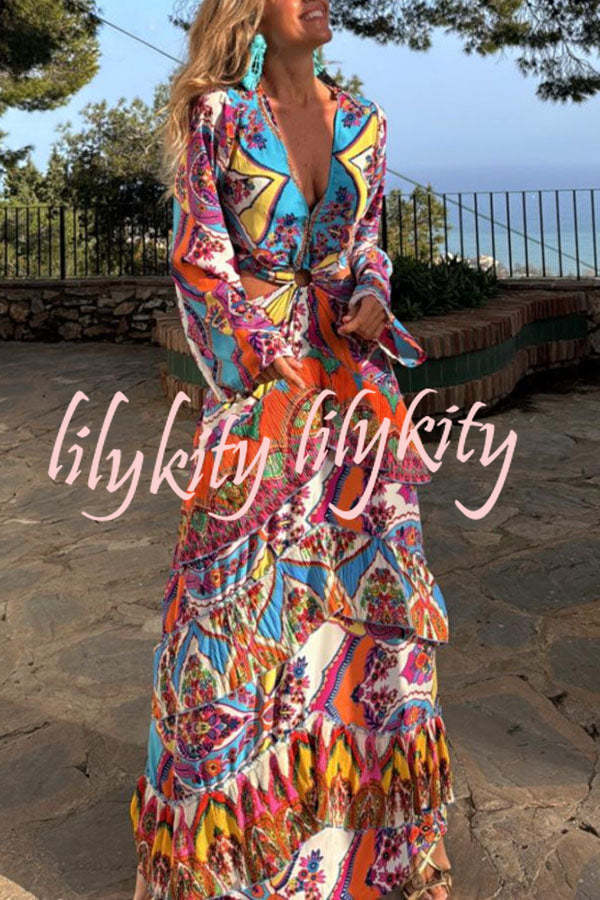 Colorful Day Unique Print Bell Sleeve Cutout Waist Layered Maxi Dress