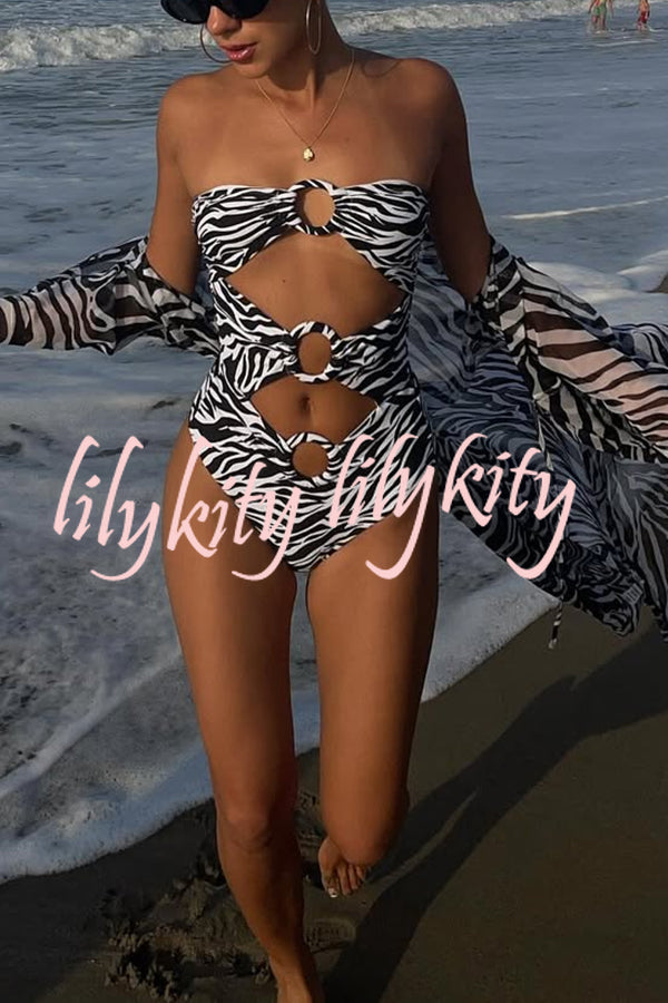 Marsie Zebra-print Ring Cutout Details Off Shoulder Stretch One-Piece Swimsuit