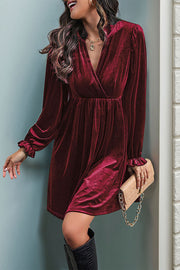 Solid Color Velvet V-Neck Long Sleeve Loose Mini Dress