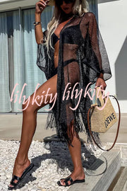 Perfect Look for Vacation Tassle Trim Batwing Sleeve Loose Cover-ups