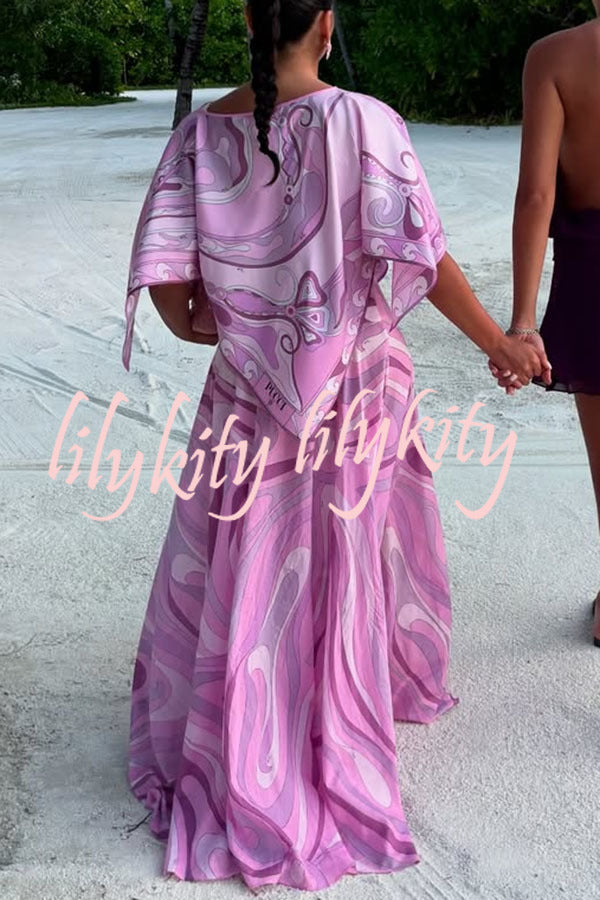 Anzio Satin Unique Print Cape Top and High Rise Elastic Waist A-line Maxi Skirt Set