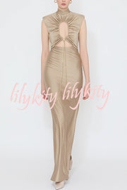 Genis Hollow Elastic Bust High Neck Sleeveless Gathered Maxi Dress