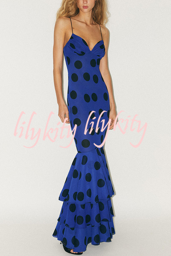 Eliora Mesh Polka Dot Print Gathered Bust Layered Fishtail Hem Maxi Dress