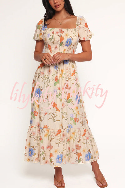 Dreamy Floral Print Square Neck Puff Sleeve Smocked Maxi Dress