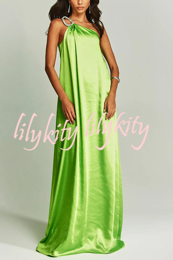 Charming Glance Satin Metal Hardware One Shoulder Loose Maxi Dress