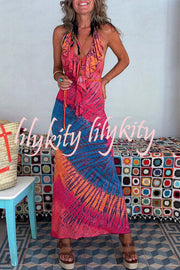 Tarik Tie-dye Print Ruffle Neck Halter Lace-up Backless Stretch Maxi Dress