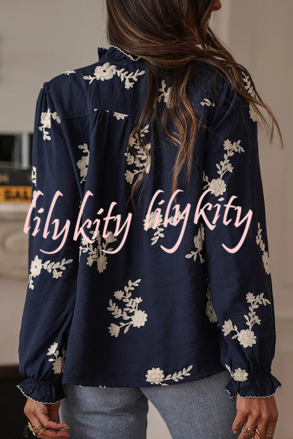 Floral Embroidery Long-Sleeved Button-Up Elegant Shirt