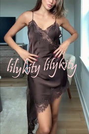 Elouise Satin Lace Trim V-neck Asymmetrical Hem Slip Mini Dress