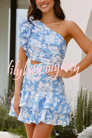 Floral Print One-shoulder Ruffled Waist Cutout Mini Dress