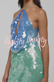 Fashion Sexy Sequined Backless Halter Neck Slim Fit Mini Dress