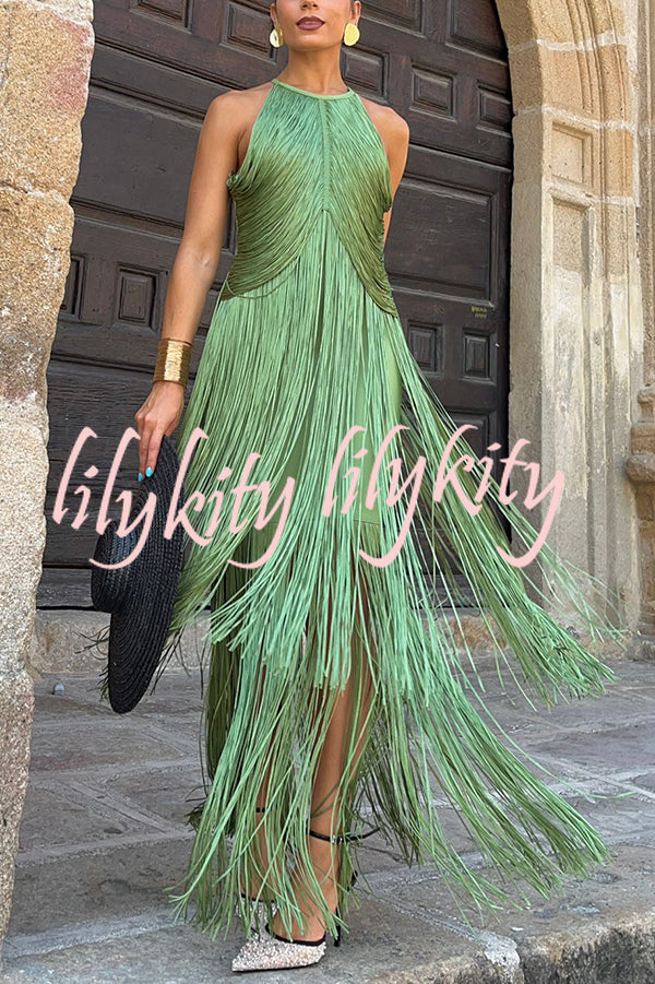 Fashion Sleeveless Halter Neck Elegant Tassel Slim Maxi Dress