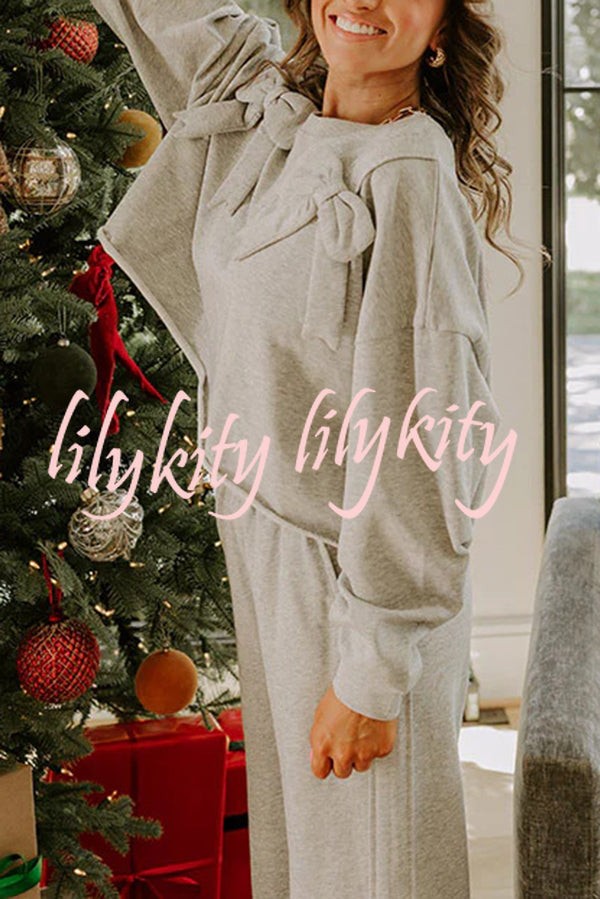 Dear Daydream Loose Bow Tie Long-Sleeved Sweatshirt and Elastic Waist Pocket Pants Set