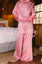 Satin Wave Print Long Sleeve Bow Shirt and Elastic Waist Loose Pants Set