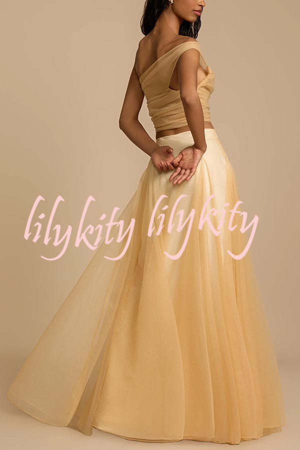 Romance Factor Satin Patchwork Tulle High Rise Elastic Waist A-line Maxi Skirt