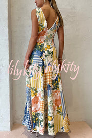 Eternal Italian Paradise Linen Blend Patchwork Print Pocketed Maxi Dress