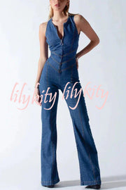 Fashionable Heart Hollow Back Slim High Waist Flared Denim Jumpsuit