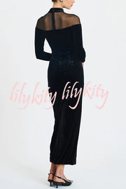 Fashionable Velvet and Mesh Spliced long-sleeved Slim-fit Maxi Dress
