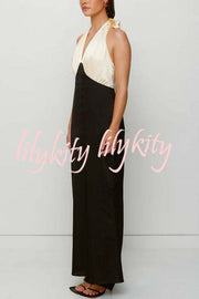 Like A Gem Satin Colorblock Halter Backless Party Maxi Dress