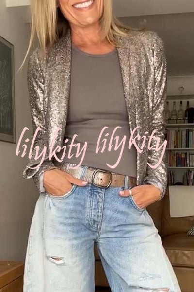 A Shining Day Sequin Long Sleeve Cropped Lapel Jacket