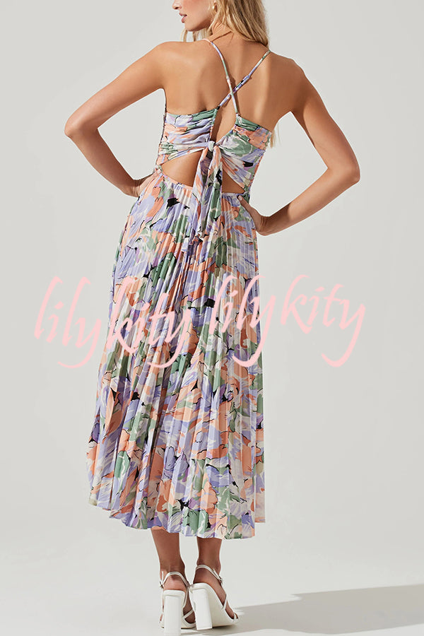 Wedding Party Season Floral Print Pleated Back Tie-up Midi Dress