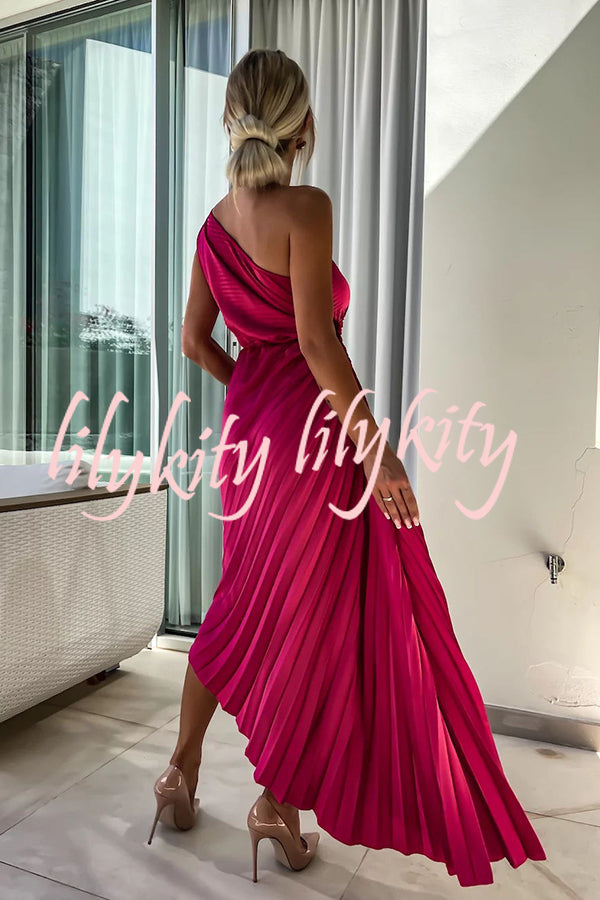 Romantic Nights Satin Raised Flower Elastic Cutout One Shoulder Pleated Maxi Dress