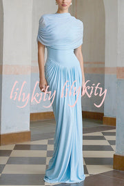Elegant Mesh Cape-style Pleated Draped Maxi Dress