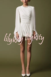 Solid Color Round Neck Lantern Long Sleeve Pleated Casual Mini Dress