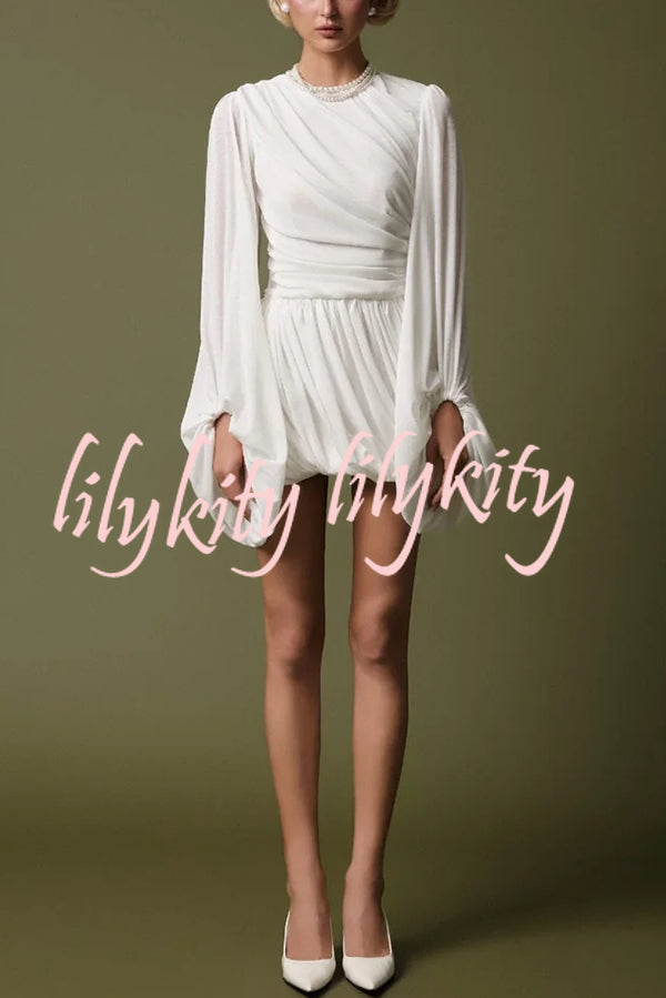 Solid Color Round Neck Lantern Long Sleeve Pleated Casual Mini Dress