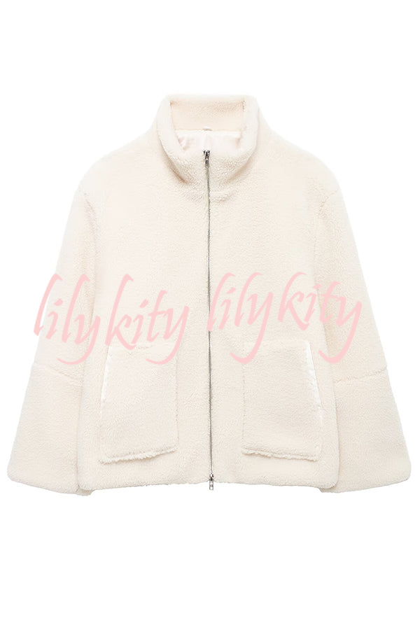 Solid Color Stitching High Collar Long Sleeve Loose Pocket Woolen Coat