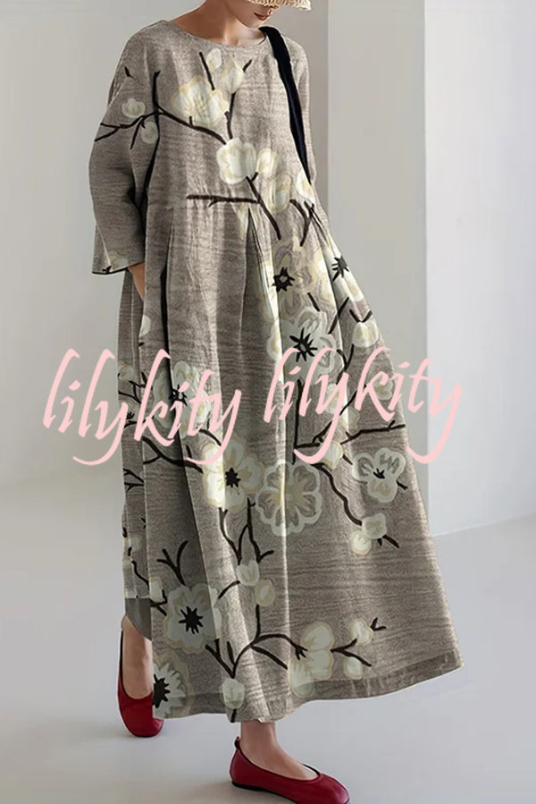 Unique Printed Round Neck Long Sleeve Loose Maxi Dress