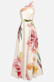 Floral Print One-shoulder Tie-waist Full-hem Maxi Dress