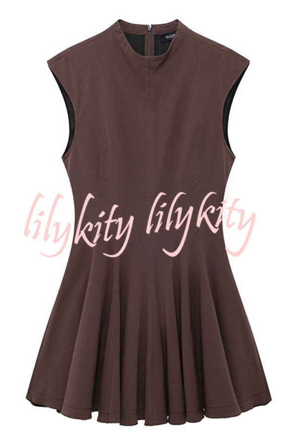 Solid Color Round Neck Sleeveless Waist Mini Dress