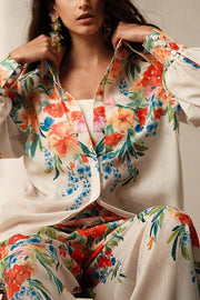 Floral Print Lapel Long Sleeve Shirt and Elastic Waist Pocket Casual Wide Leg Pants Set