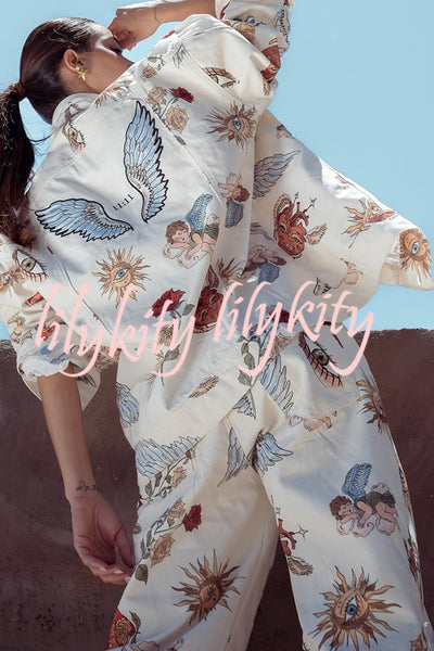 Angel Wings Denim Unique Print Button Up Long Sleeve Pocketed Relaxed Jacket