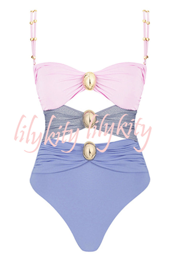 Color Block Patchwork Hollow Metal Decorative Stretch One-piece Swimsuit