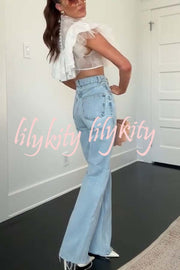 Kathlyn Lace Layered Tulle High Neck Ruffle Cropped Top