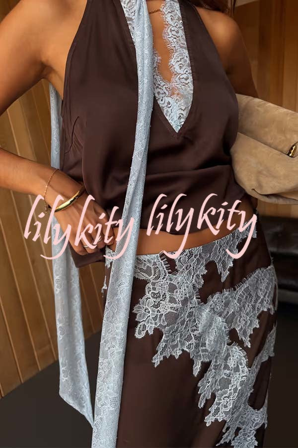 Sunday Social Contrast Color Satin Lace Trim Mid Rise Maxi Skirt