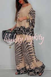 Unique Print Loose Drawstring Long Sleeve Top and Elastic Waist Casual Pocket Wide Leg Pants Set