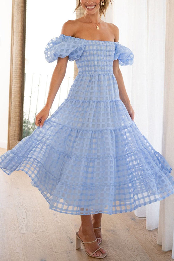 Solid Color Off-shoulder Lantern Sleeve Patchwork Midi Dress