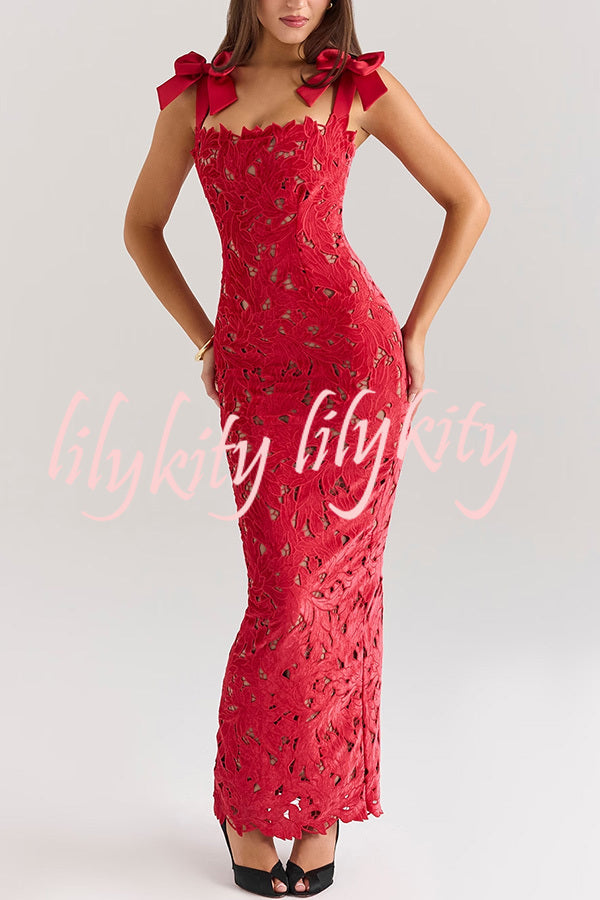 Holiday Intimacy Embroidered Floral Lace Bow Shoulder Straps Slit Maxi Dress