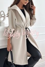 Effortless and Warm Textured Fabric Drawstring Waist Pocket Hooded Midi Coat