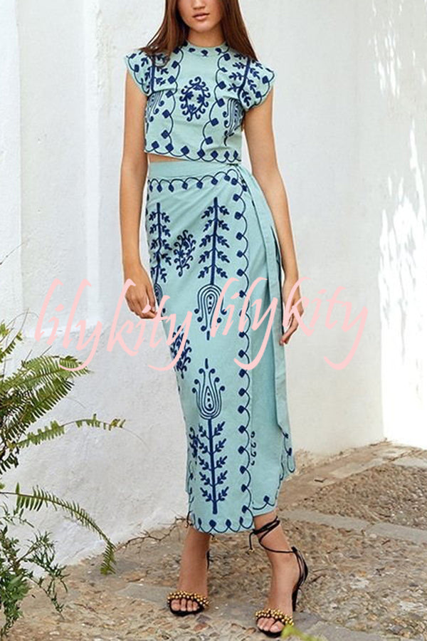 Rima Linen Blend Ethnic Print Crop Top & Tire-up Wrap Midi Skirt Set