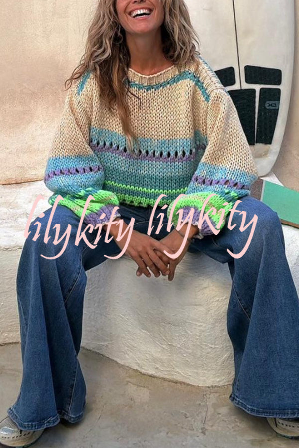 Rainbow Mood Multicolor Round Neck Hollow Long Sleeve Knitted Sweater